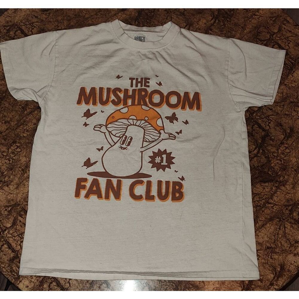 Vintage Look The Mushroom Fan Club Shirt Mens M Brisco Butterfly Beige Retro Hip